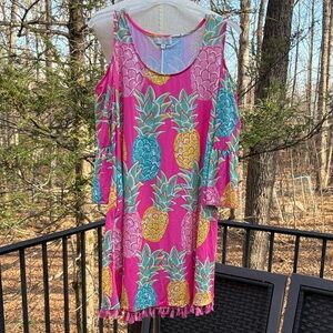 Simply Southern bright pink Pineapple Print cold shoulder dress fringe sz. M